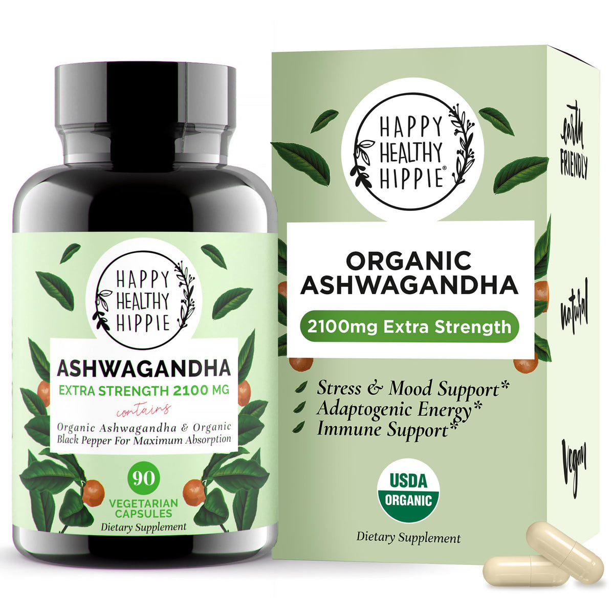 Happy Healthy Hippie frente del envase mostrando cápsulas y beneficio claridad