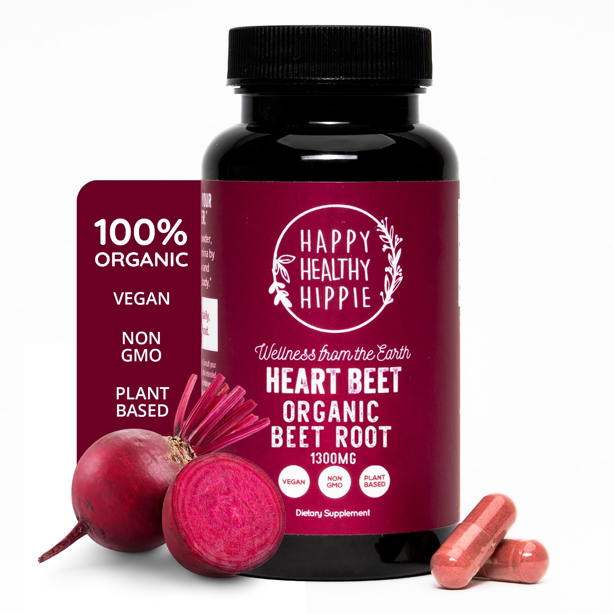 Happy Healthy Hippie envase frontal de cápsulas de remolacha, muestra conveniencia diaria