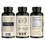 Happy Healthy Hippie frasco junto a manos para escala, clarifica tamaño real