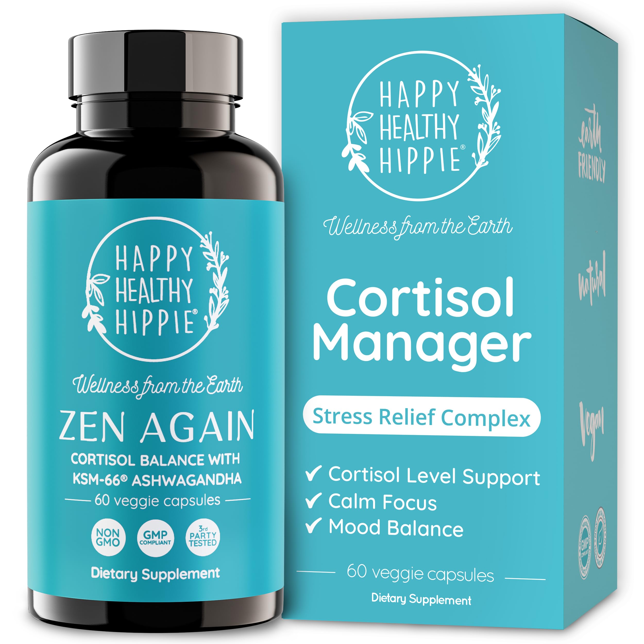 Happy Healthy Hippie botella frontal mostrando etiqueta y beneficios