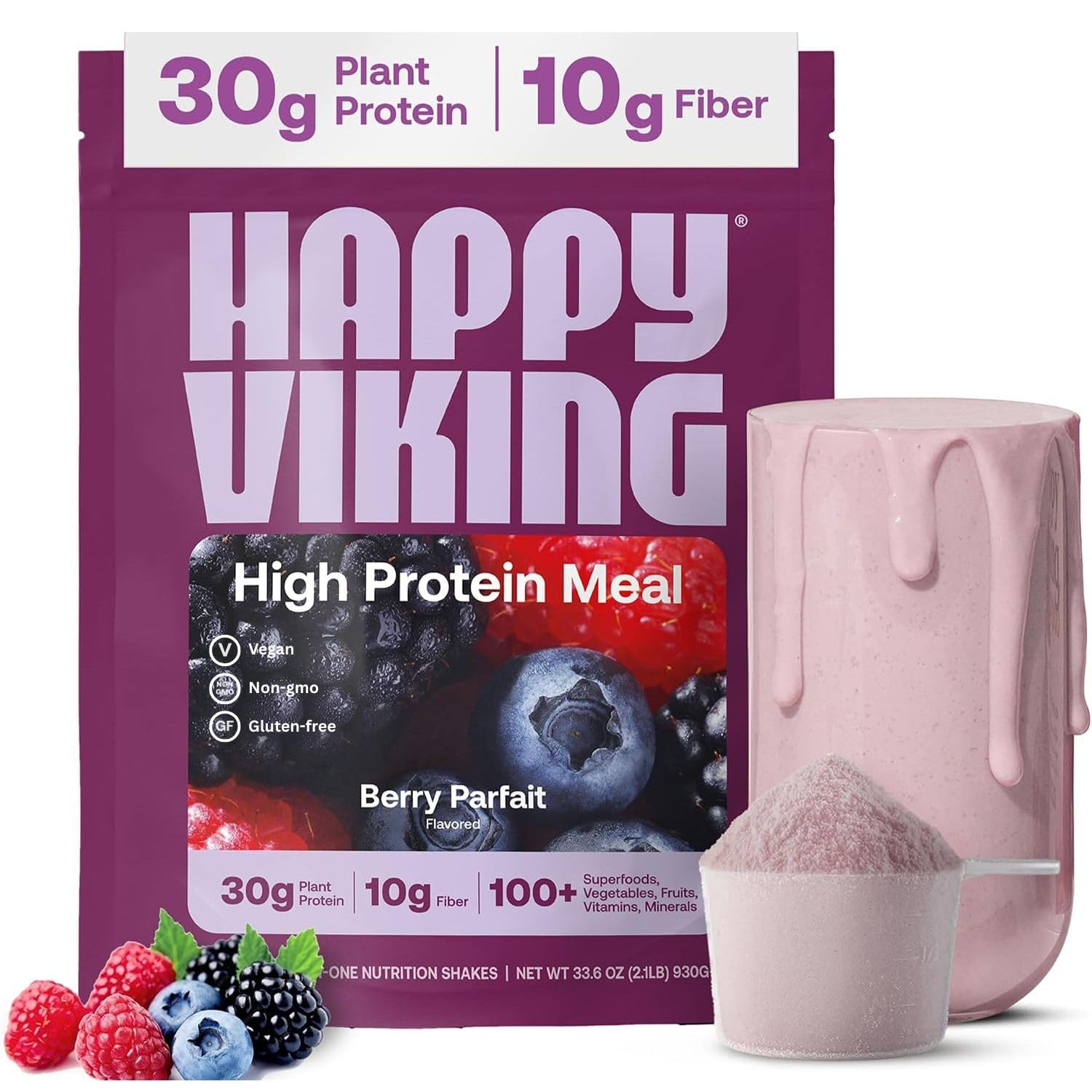 Envase Happy Viking Berry Parfait mostrando diseño y beneficios en etiqueta