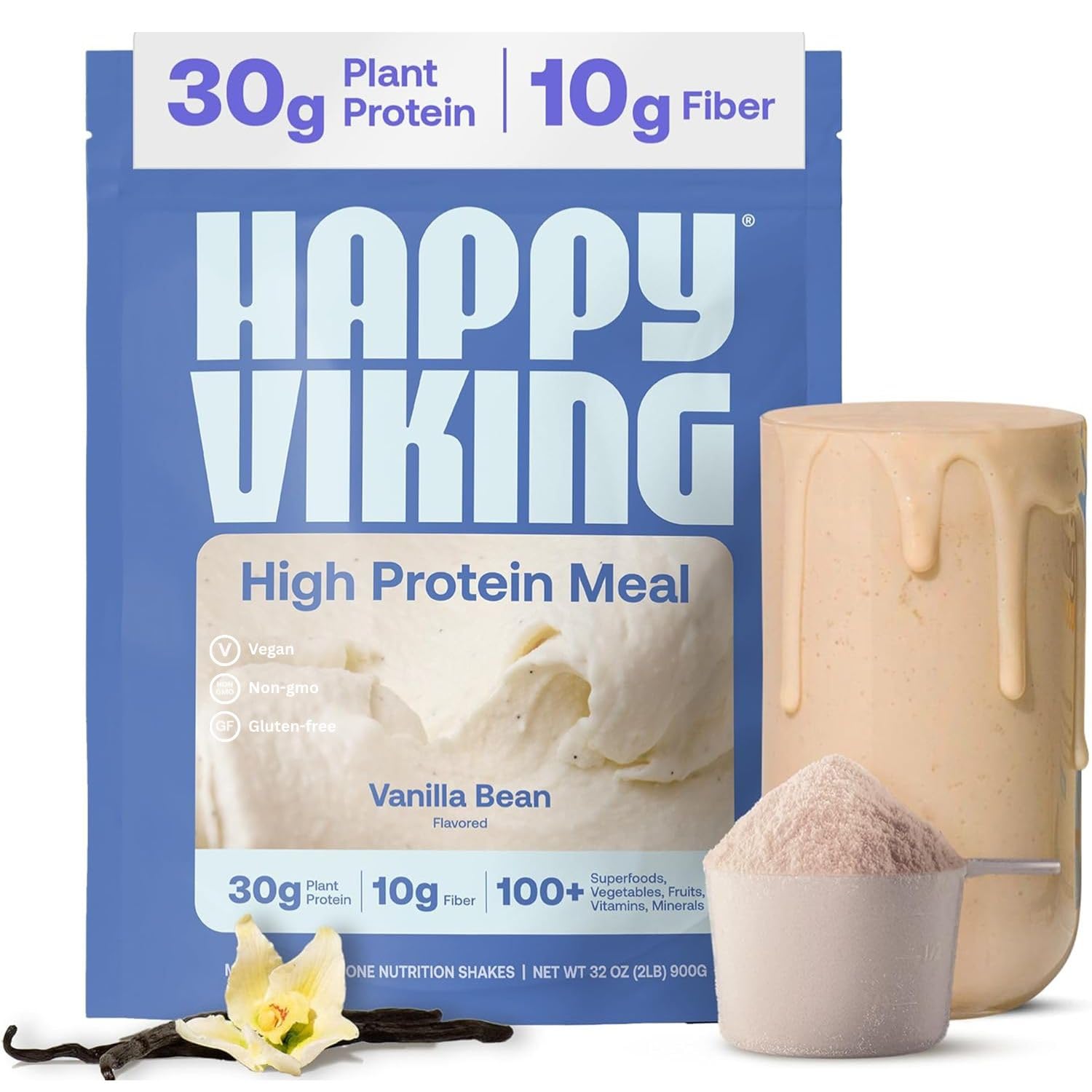 Happy Viking frente del envase mostrando sabor vainilla y beneficios claros