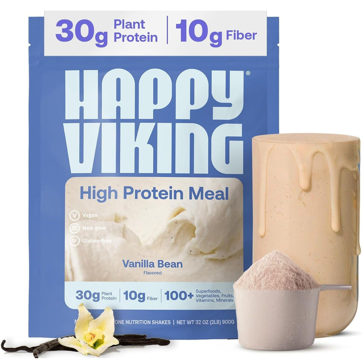 Happy Viking frente del envase mostrando sabor vainilla y beneficios claros