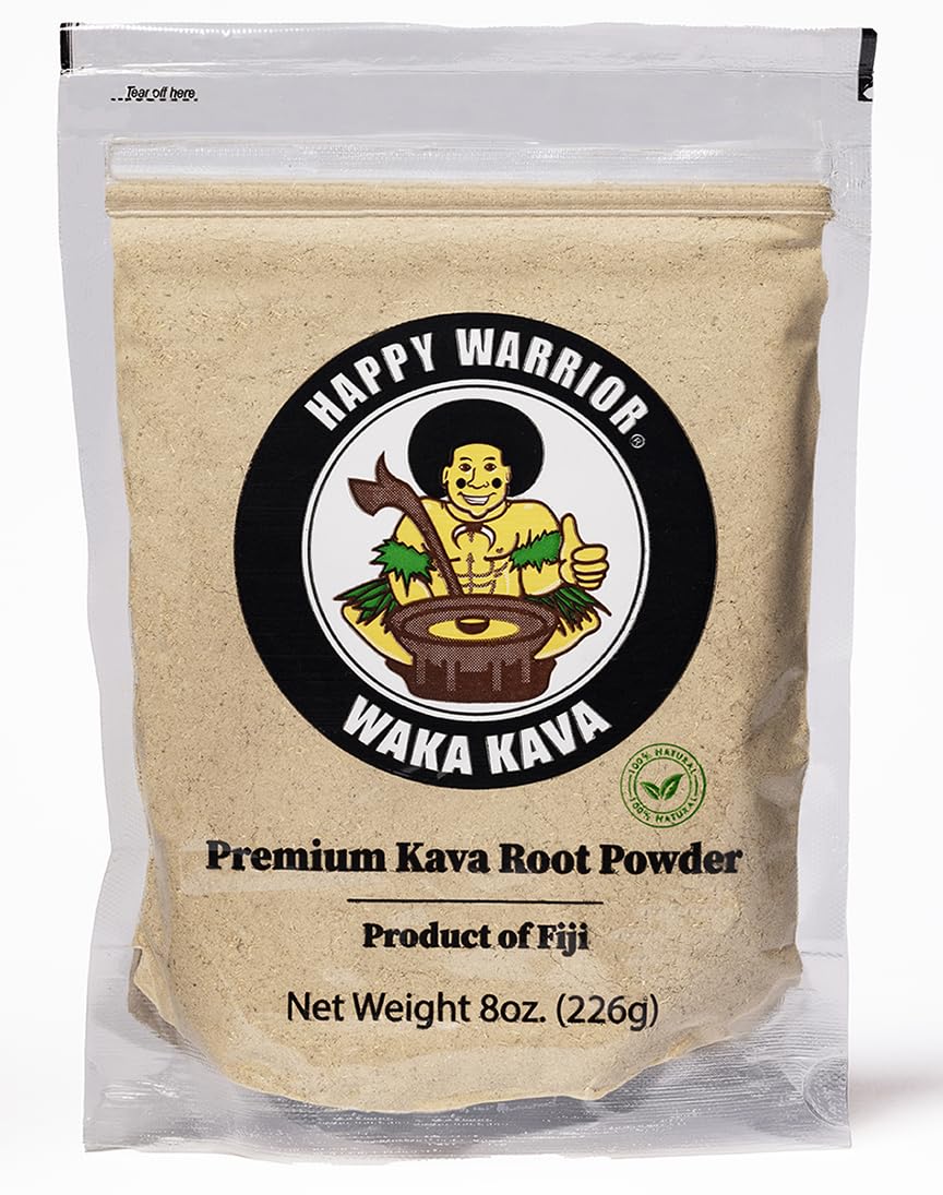Happy Warrior empaque frontal mostrando bolsa transparente y color natural del kava