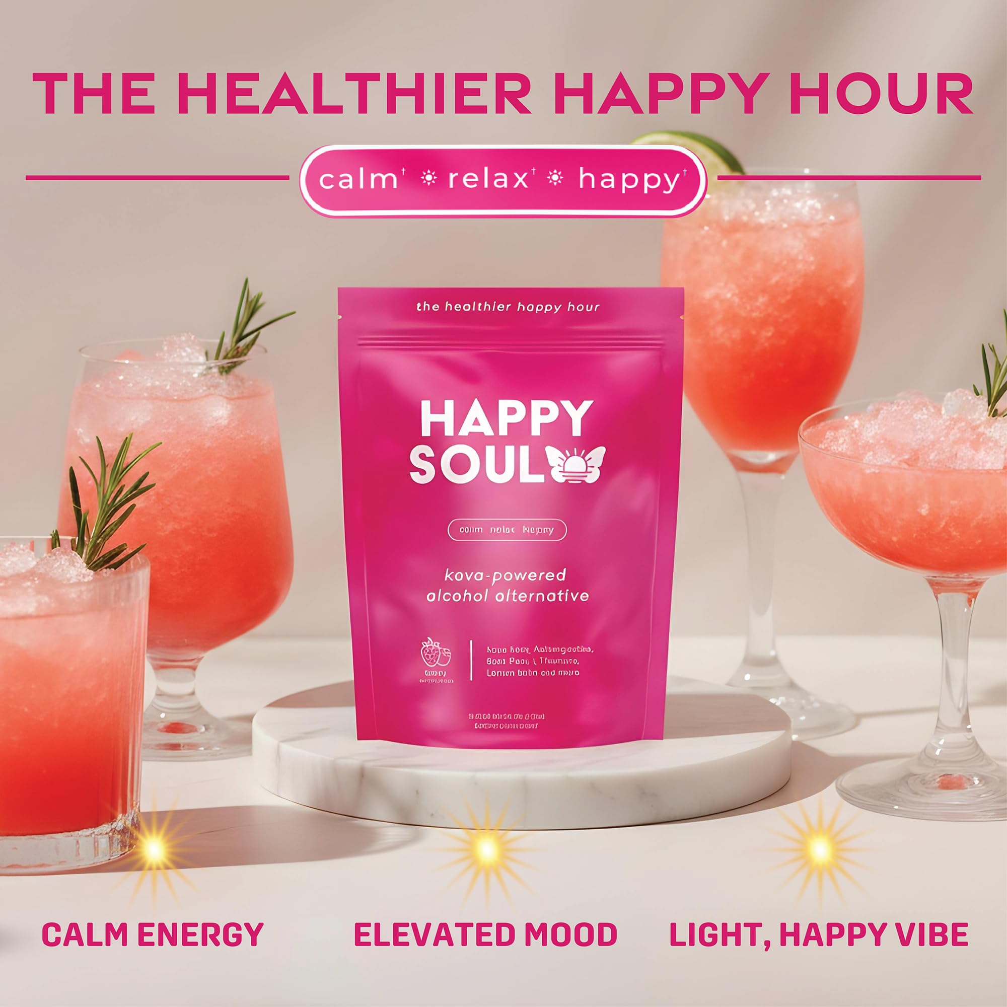 HappySoul mocktail en reunión al atardecer promueve calma sin alcohol