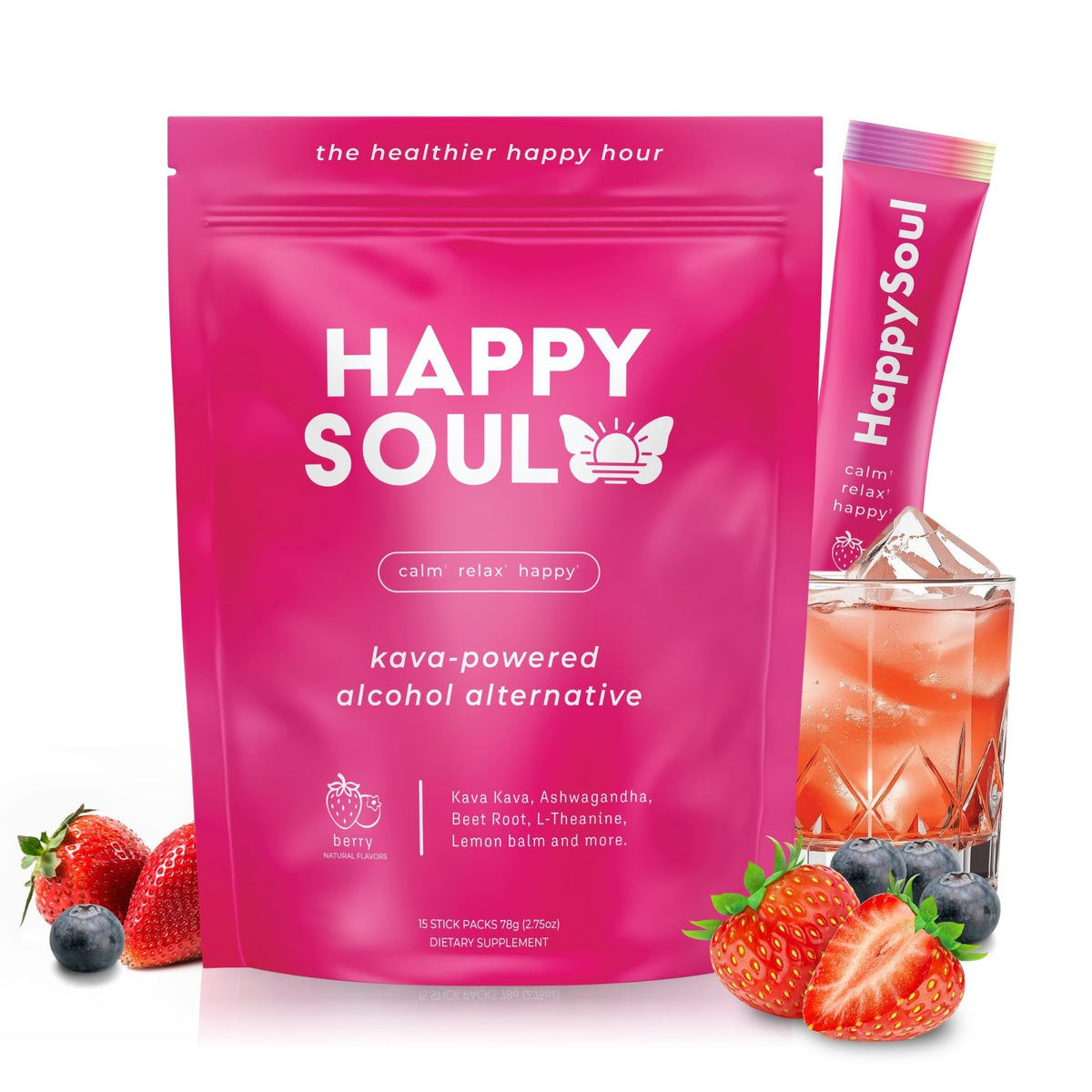 HappySoul empaque frontal berry muestra sticks y beneficios prácticos