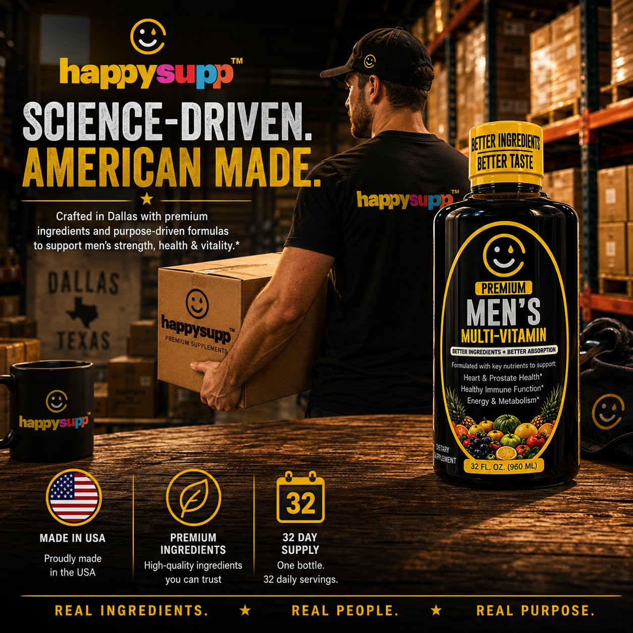 HappySupp etiqueta con lista de vitaminas, minerales y tasa de absorción del 98%