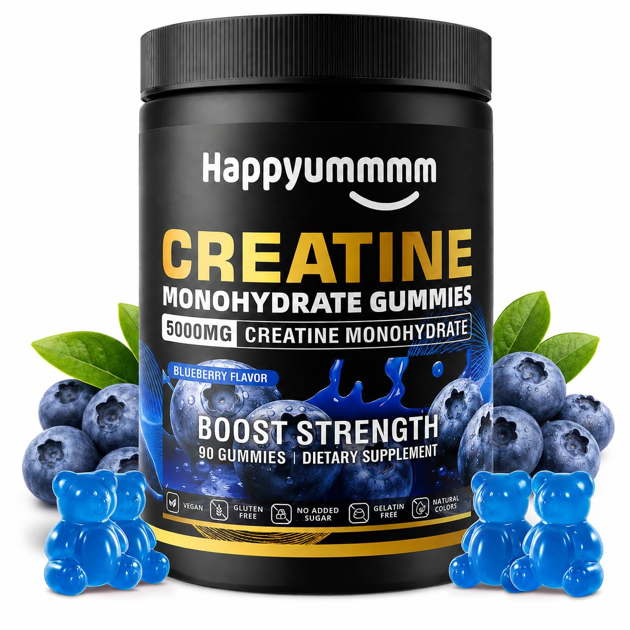 Happyummmm envase frontal mostrando 90 gomitas y certificación NSF, conveniencia