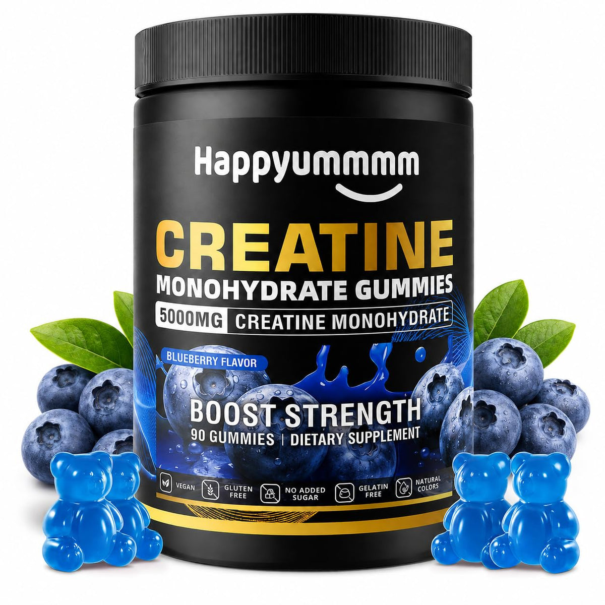 Happyummmm envase frontal mostrando 90 gomitas y certificación NSF, conveniencia