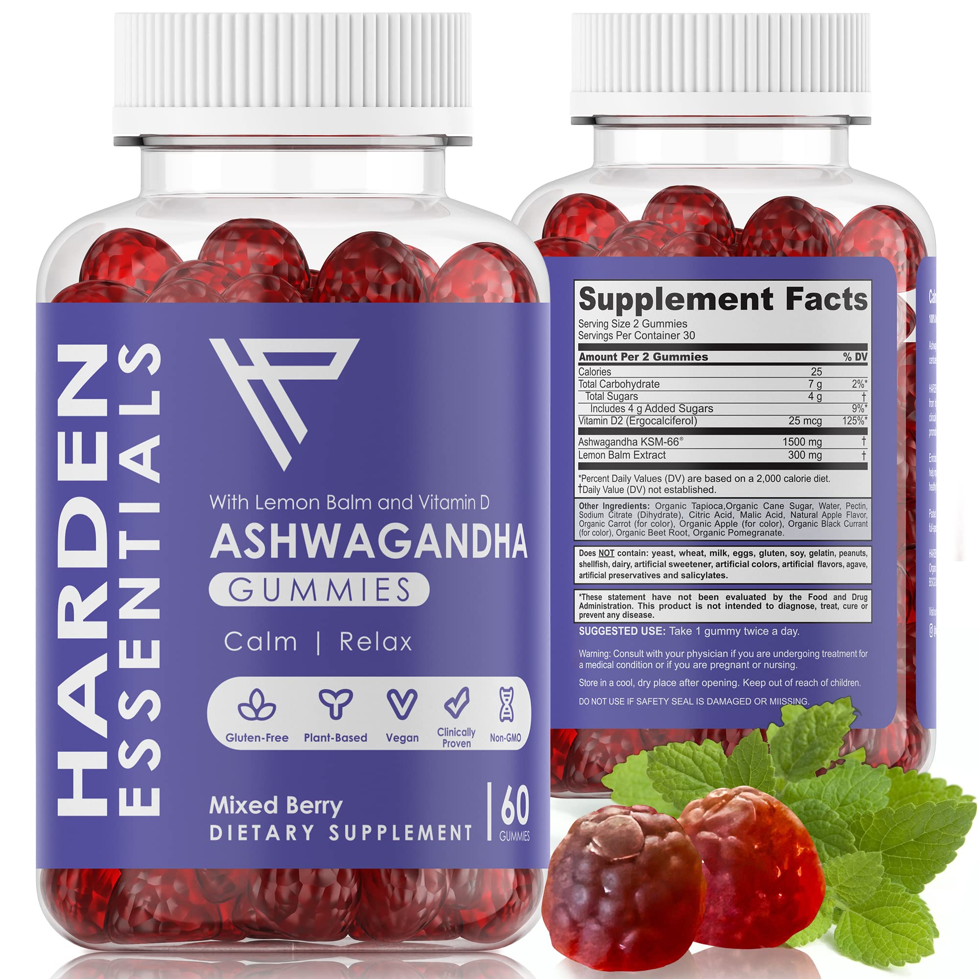 Harden Essentials frasco frontal mostrando 60 gominolas y envase claro