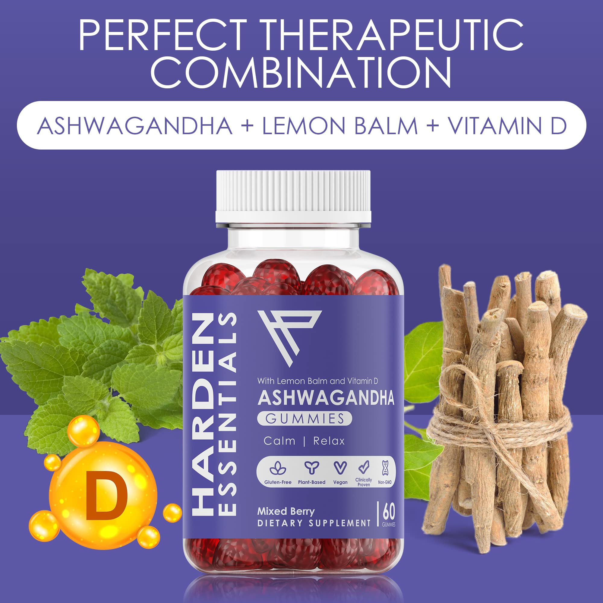Harden Essentials ingredientes ashwagandha y melisa representados, origen natural