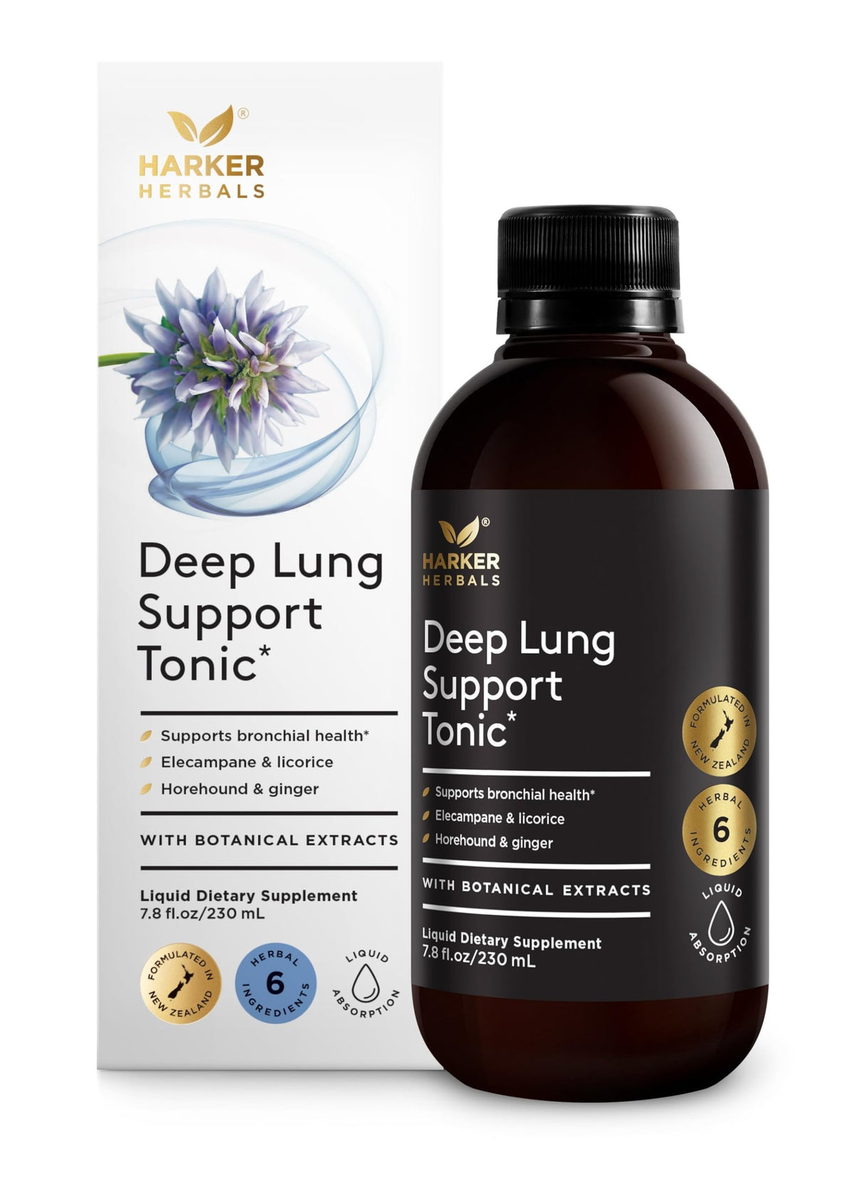 Harker Herbals frontal del envase mostrando diseño claro y confianza