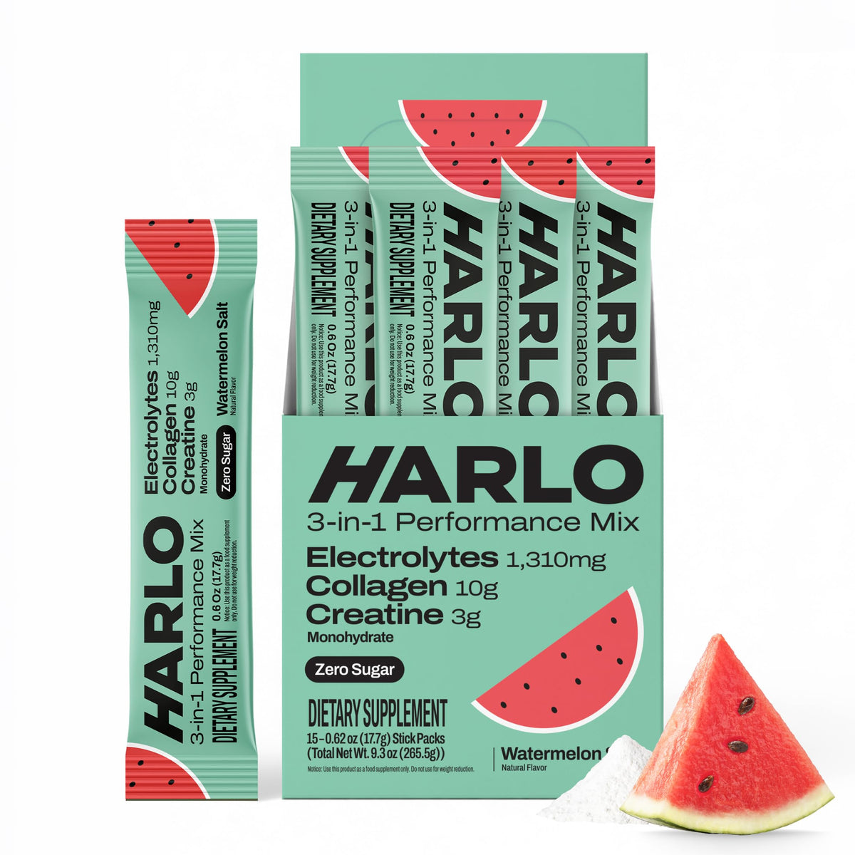 Harlo paquete frontal Watermelon Salt mostrando sobres y beneficio de hidratación