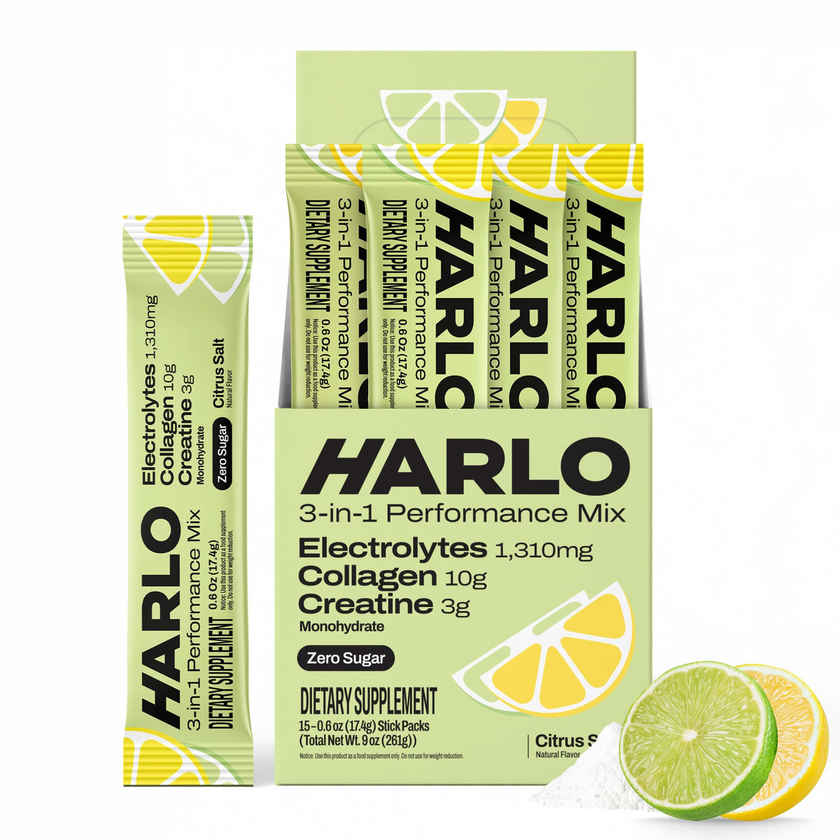 Harlo paquete frontal con 15 sticks mostrando formato práctico y beneficios