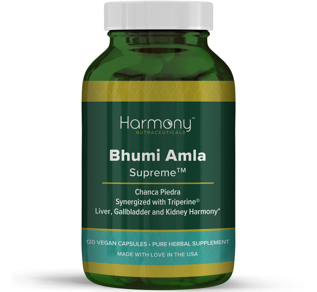 Harmony Bhumi Amla Supreme vista frontal con envase y cápsulas, confianza de marca