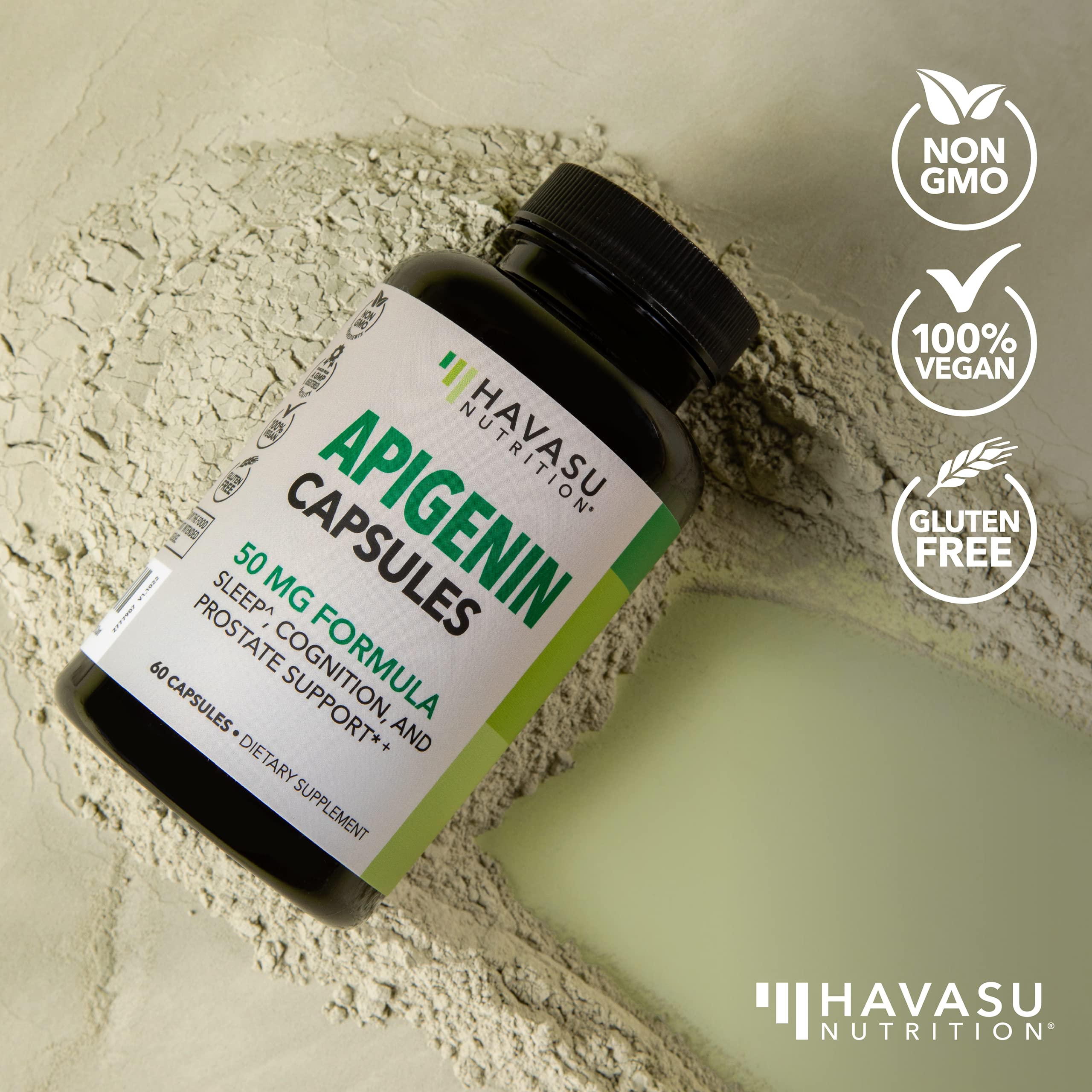 HAVASU NUTRITION etiqueta con ingredientes destacando apigenina 50 mg por cápsula