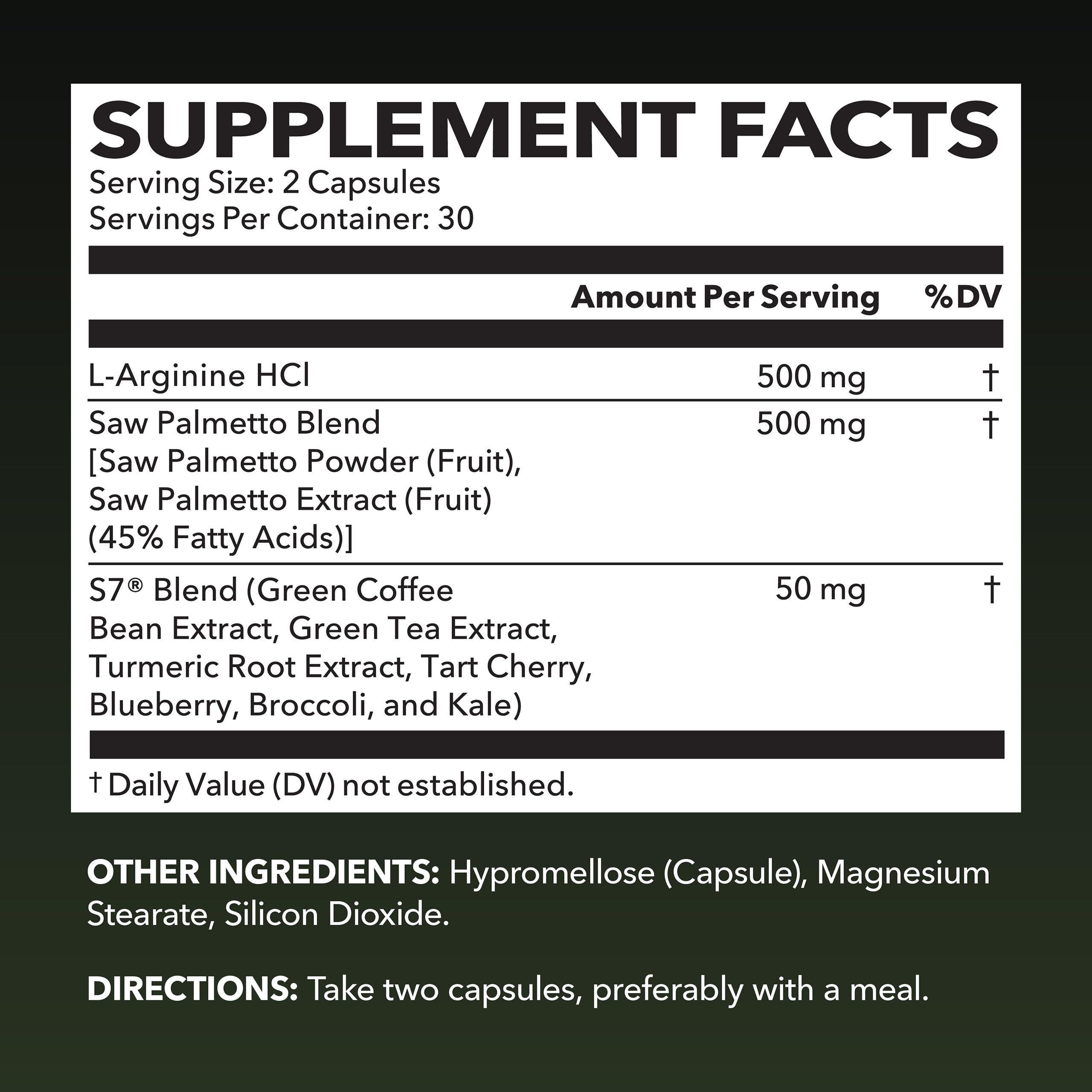 HAVASU NUTRITION etiqueta frontal legible indicando L-Arginine y Saw Palmetto