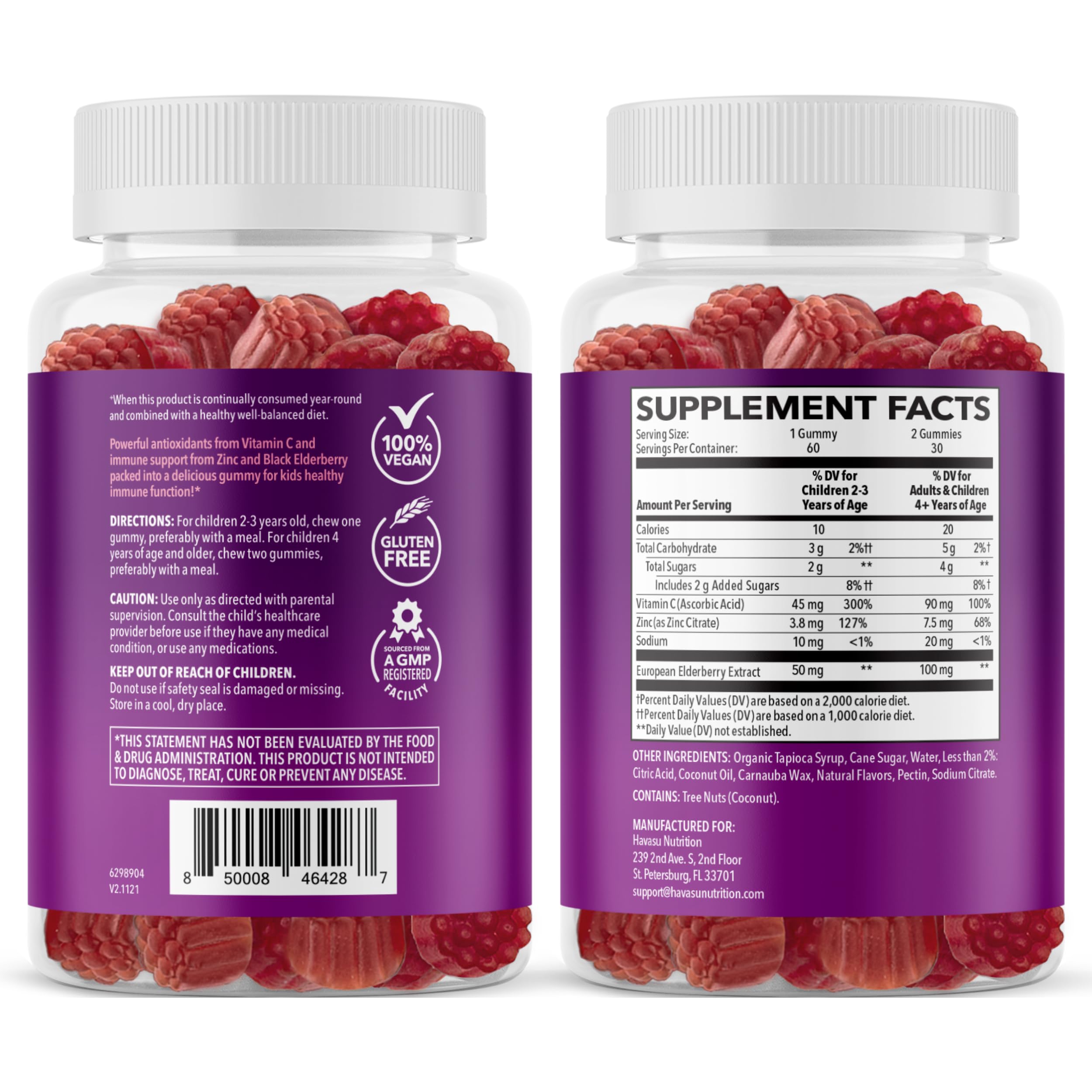 HAVASU NUTRITION ilustración de saúco, vitamina C y zinc en etiqueta