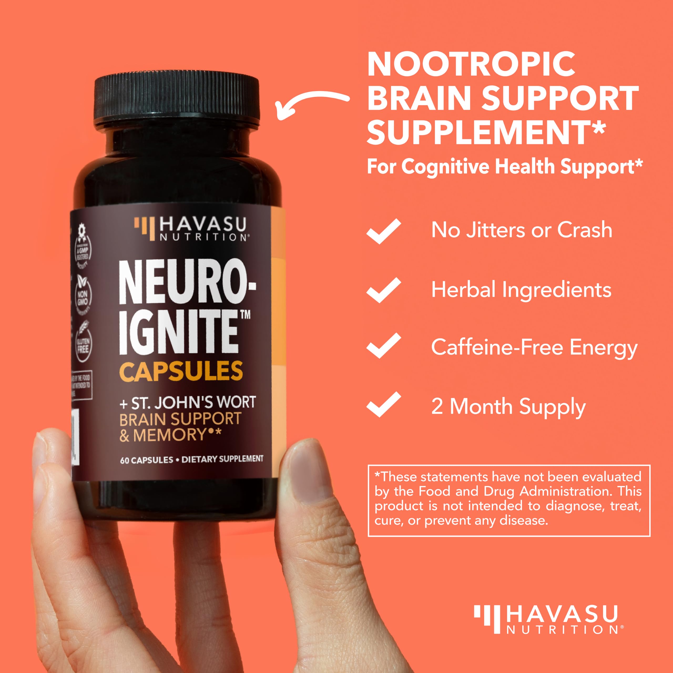 HAVASU NUTRITION caja abierta con frasco de NeuroIGNITE y contenido visible
