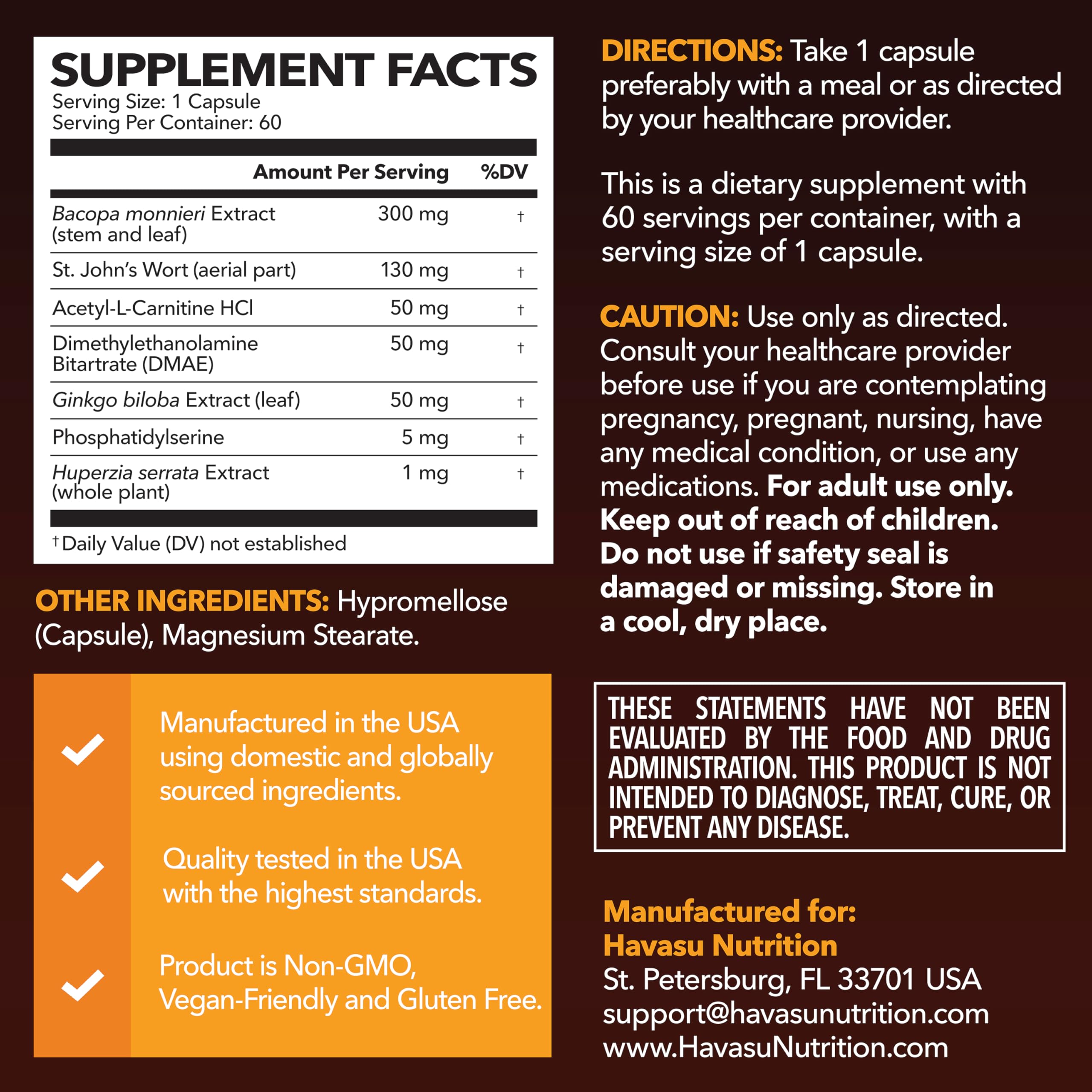 HAVASU NUTRITION detalle de etiqueta de NeuroIGNITE con información de ingredientes