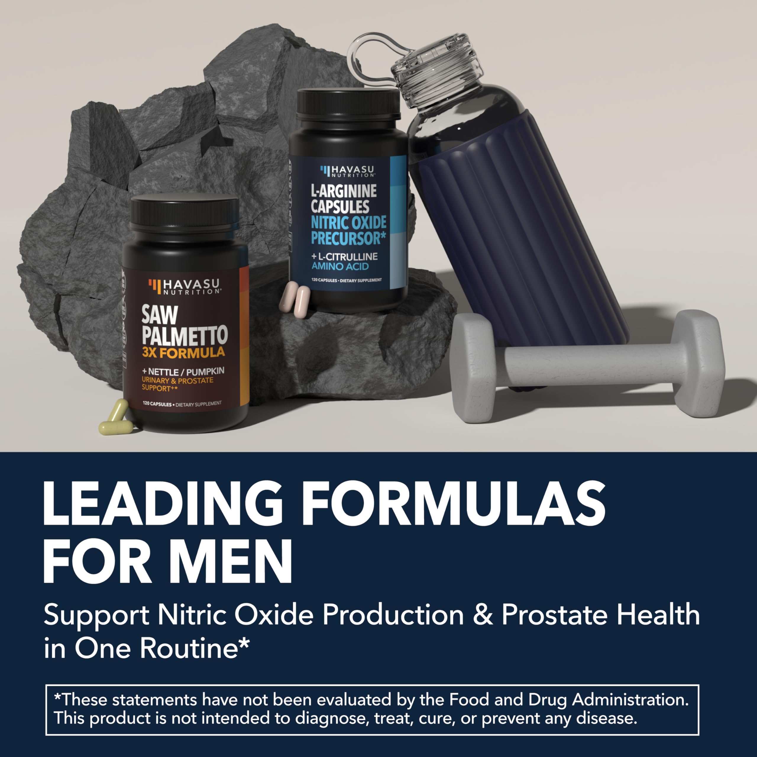 HAVASU NUTRITION botellas junto a pesas indicando uso en ejercicio