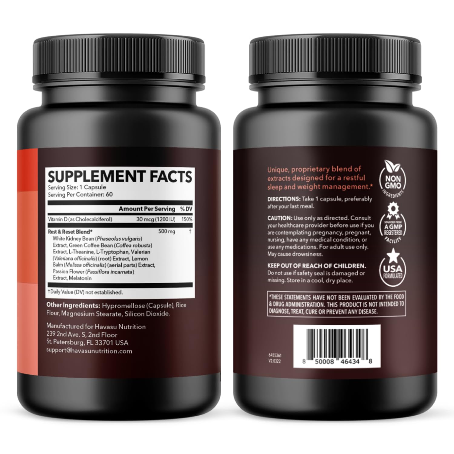 HAVASU NUTRITION envase junto a pastillero mostrando dosis y rutina nocturna