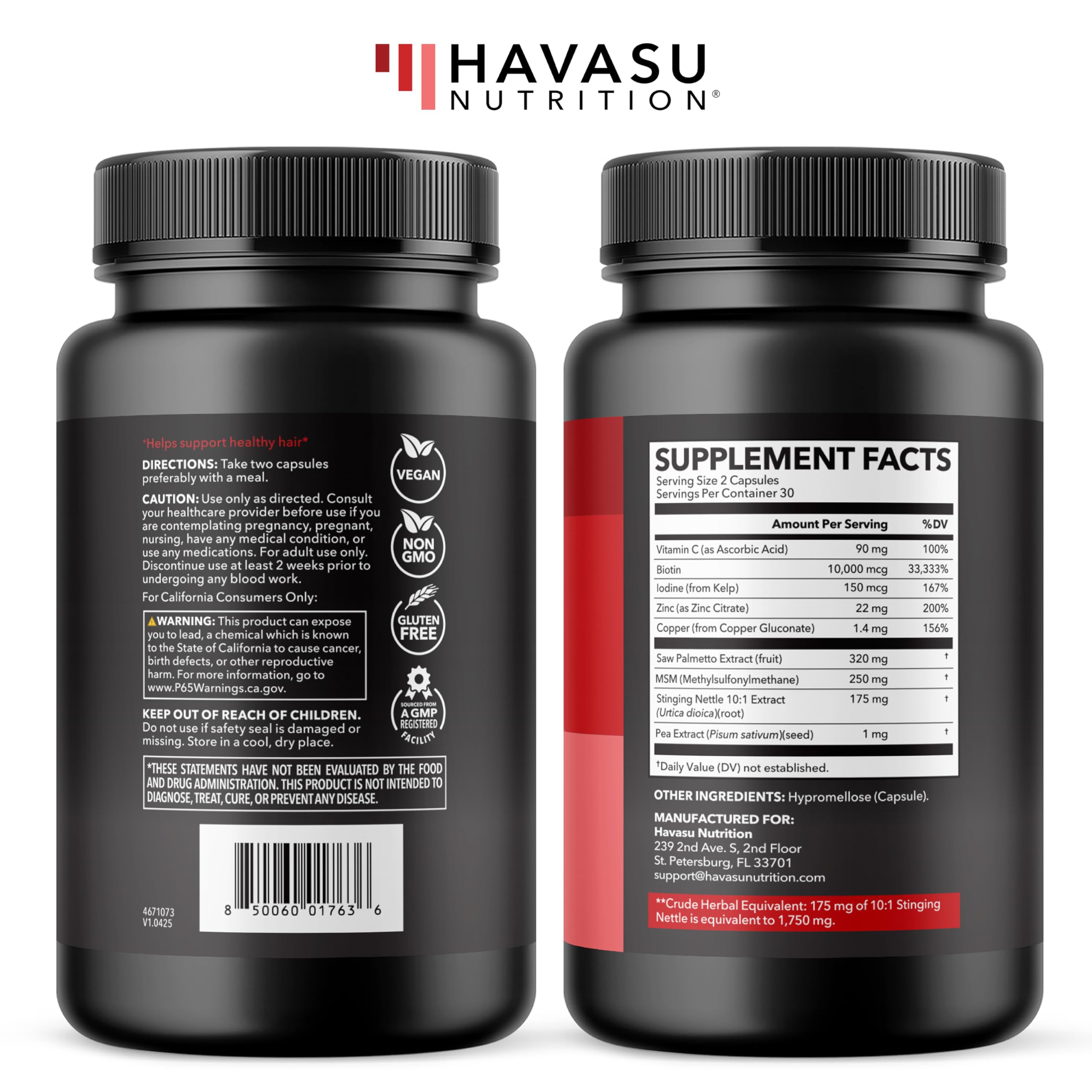 HAVASU NUTRITION empaque lateral con lista de ingredientes y sellos