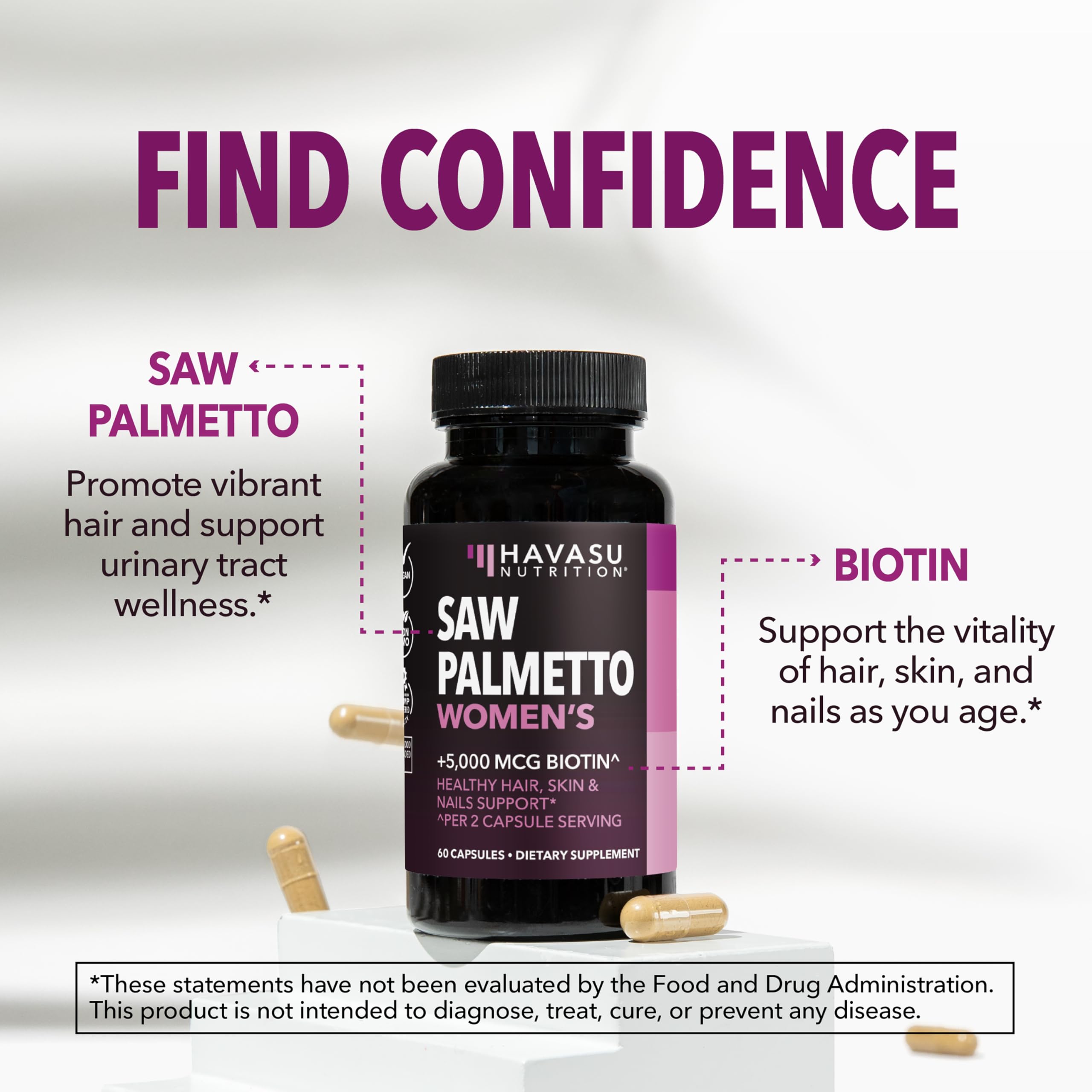 HAVASU NUTRITION mujer tomando cápsula, apoya la rutina diaria de belleza
