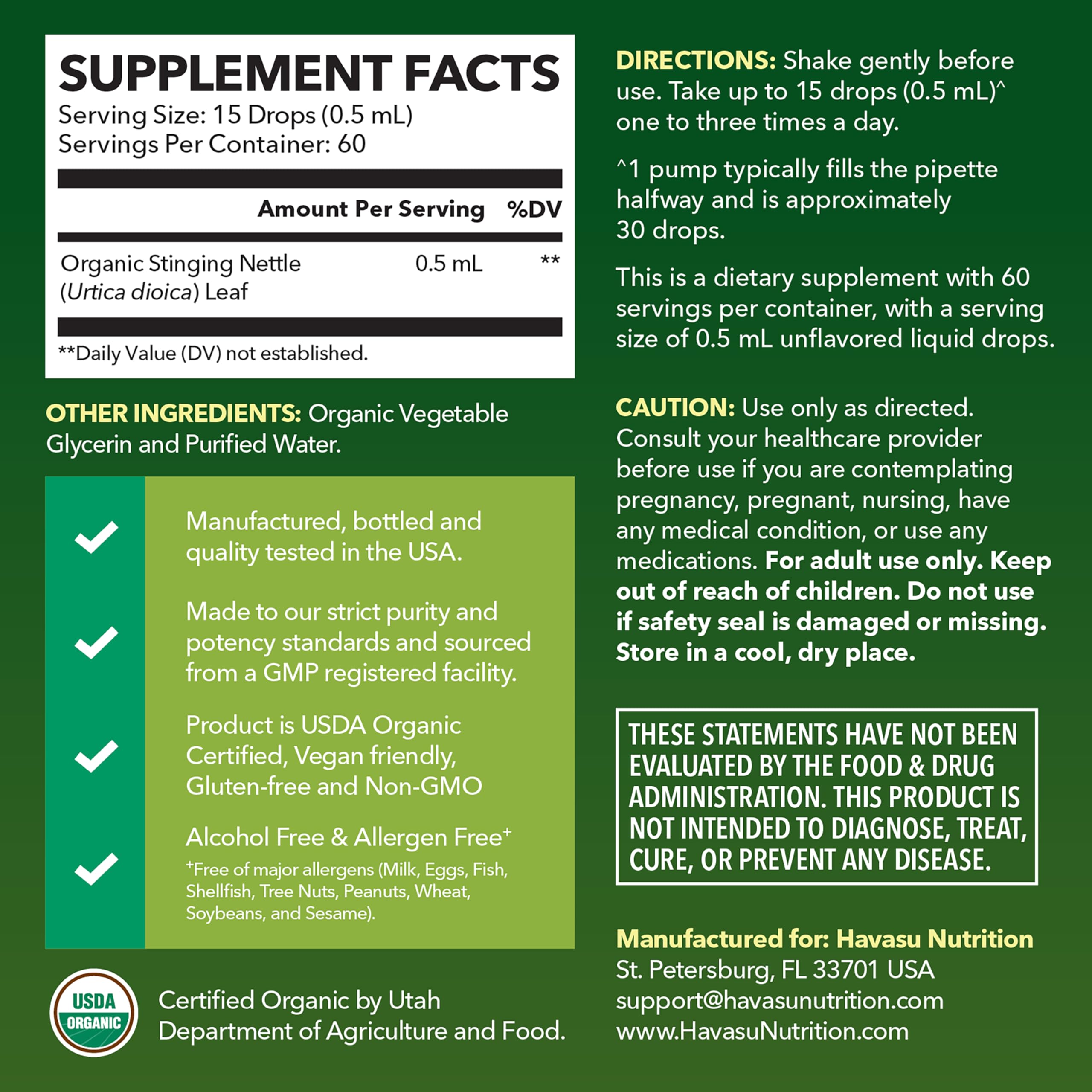 HAVASU NUTRITION etiqueta en primer plano con certificación orgánica visible