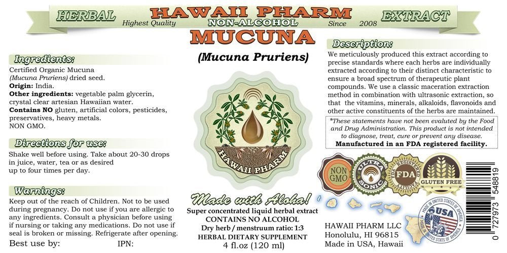 Hawaii Pharm primer plano de semillas secas de Mucuna mostrando textura y origen natural