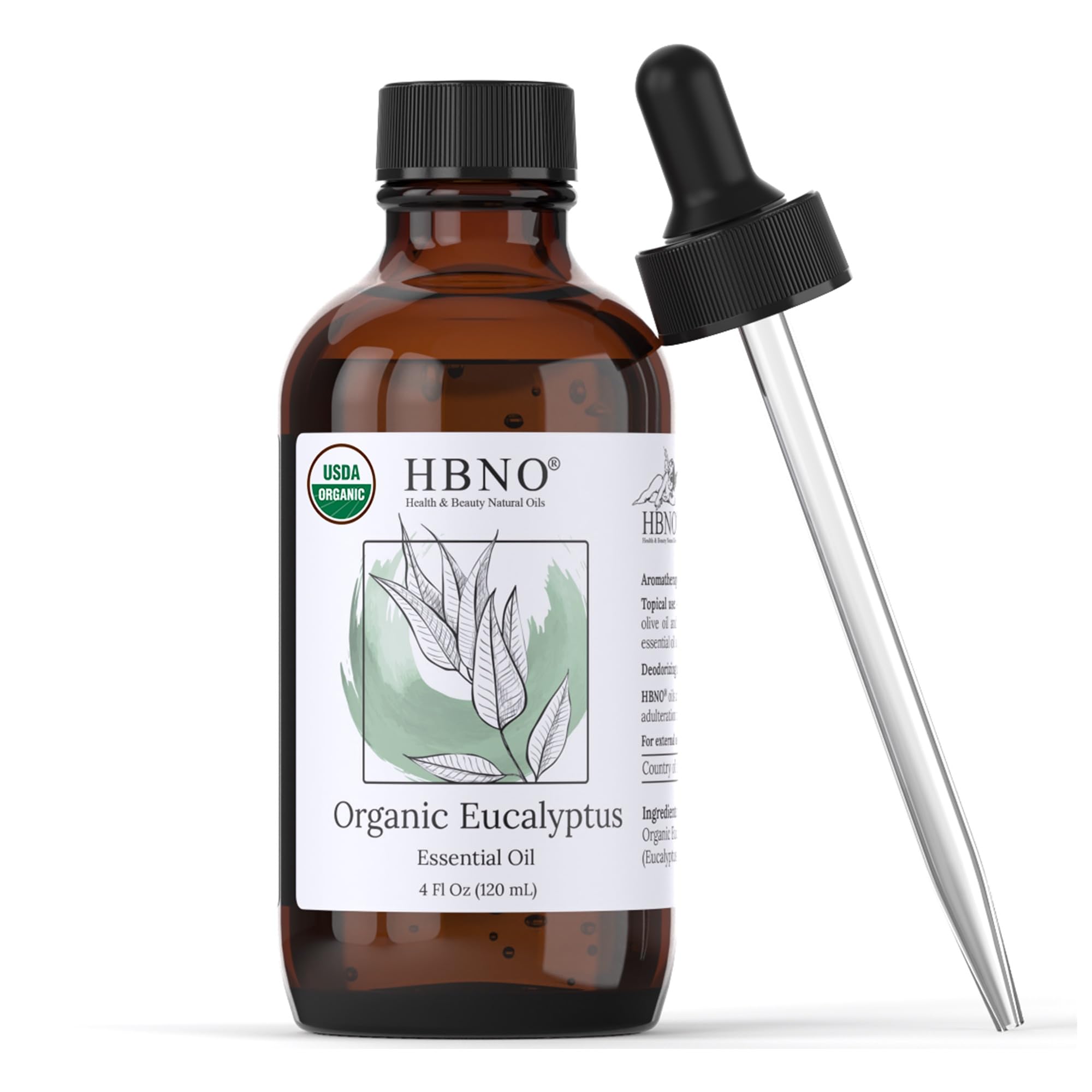 HBNO botella frontal de eucalipto orgánico mostrando tamaño 120 ml y confianza