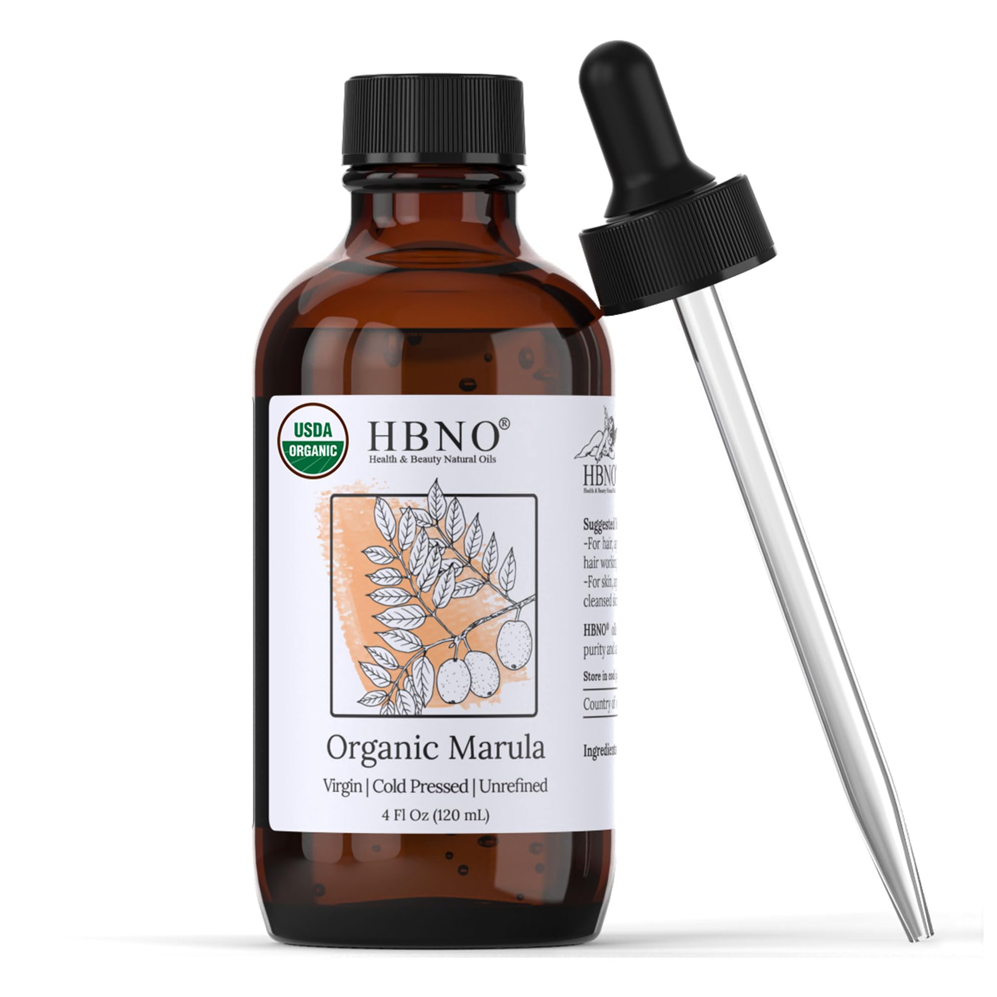 HBNO frasco frontal de marula 120ml mostrando tamaño y empaque premium