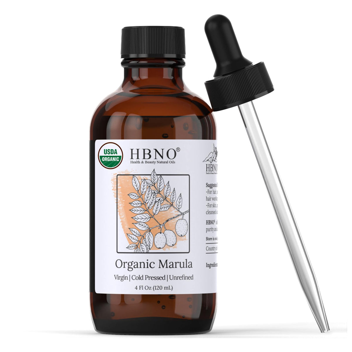 HBNO frasco frontal de marula 120ml mostrando tamaño y empaque premium