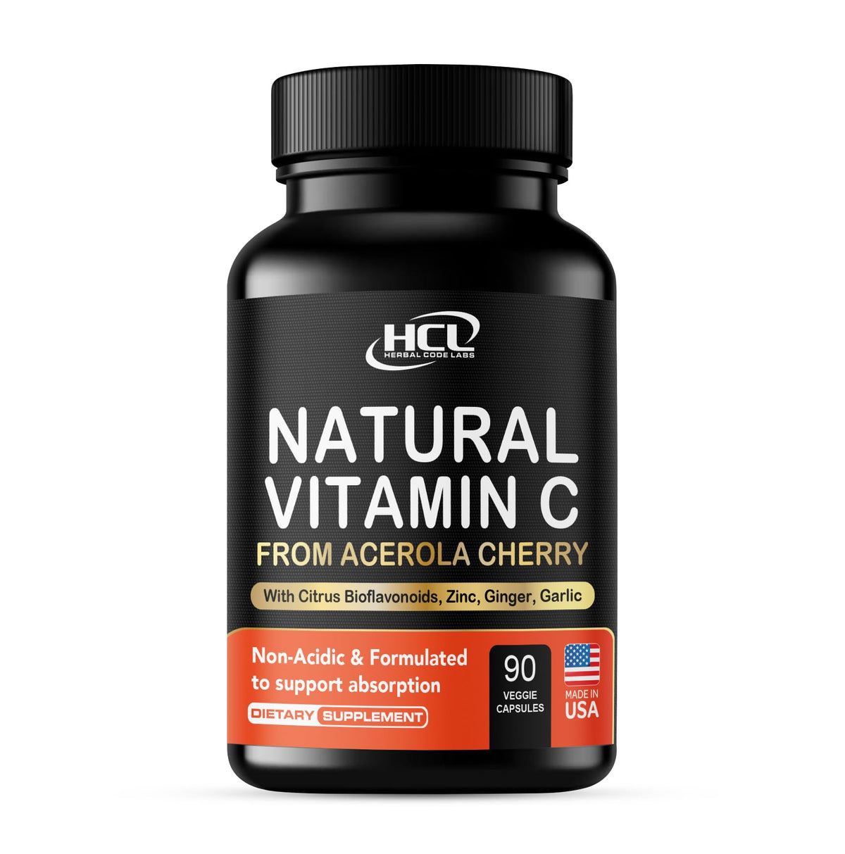 HCL HERBAL CODE LABS frasco frontal de vitamina C acerola mostrando diseño y beneficios
