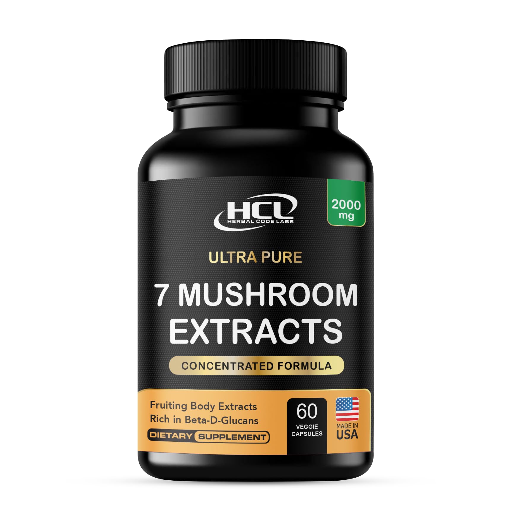 HCL HERBAL CODE LABS envase frontal mostrando la fórmula de 7 hongos y confianza