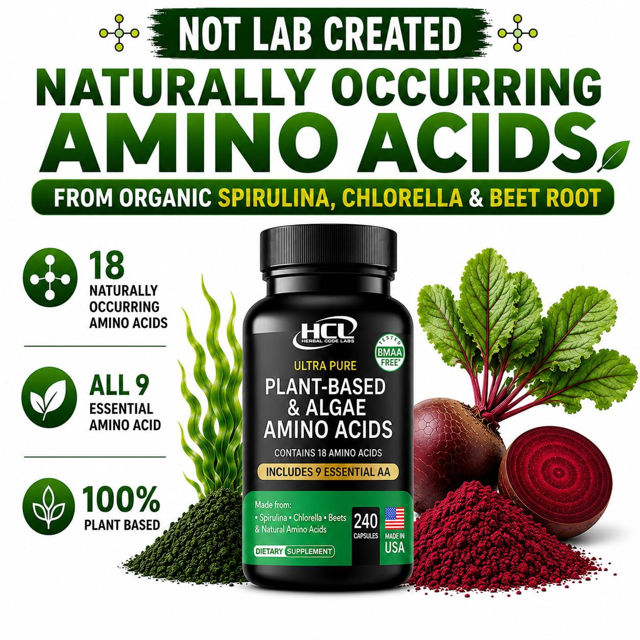 HCL HERBAL CODE LABS primer plano de spirulina y chlorella demostrando origen natural