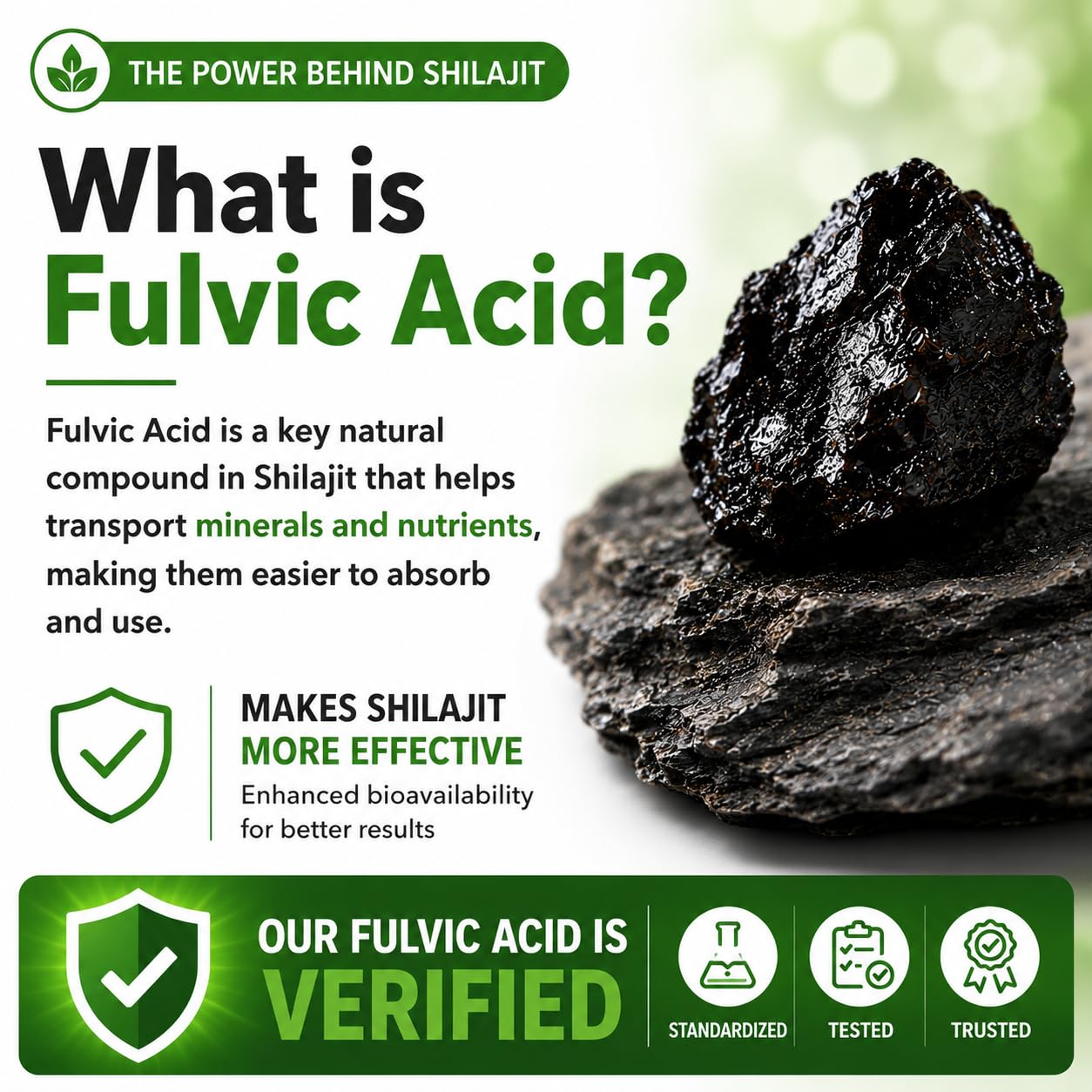 HCL HERBAL CODE LABS resina de Shilajit en primer plano mostrando pureza del extracto
