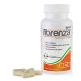 HCP Formulas Fibrenza en uso sobre mesa con suplemento y vaso de agua
