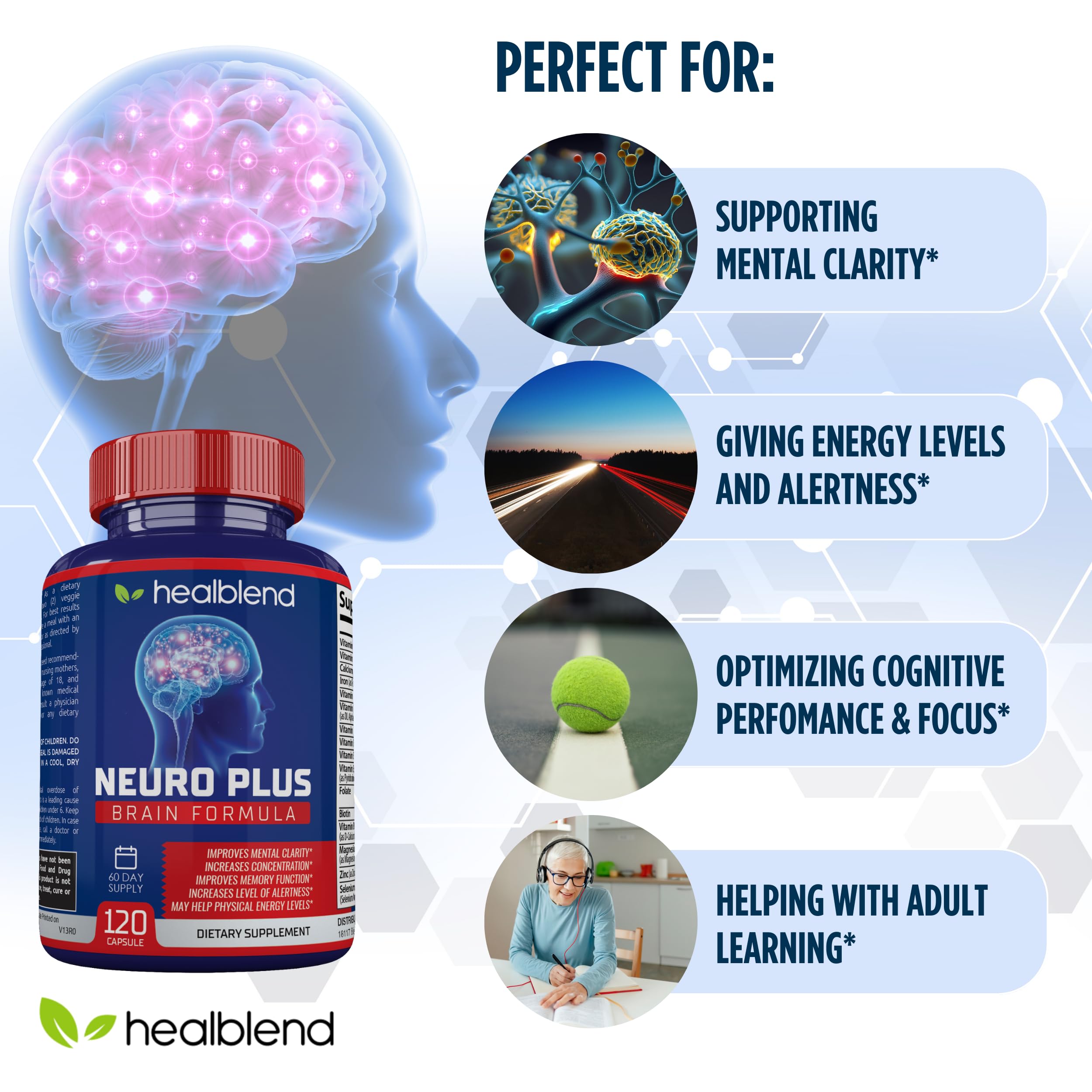 healblend botella abierta con cápsulas visibles para facilidad de uso