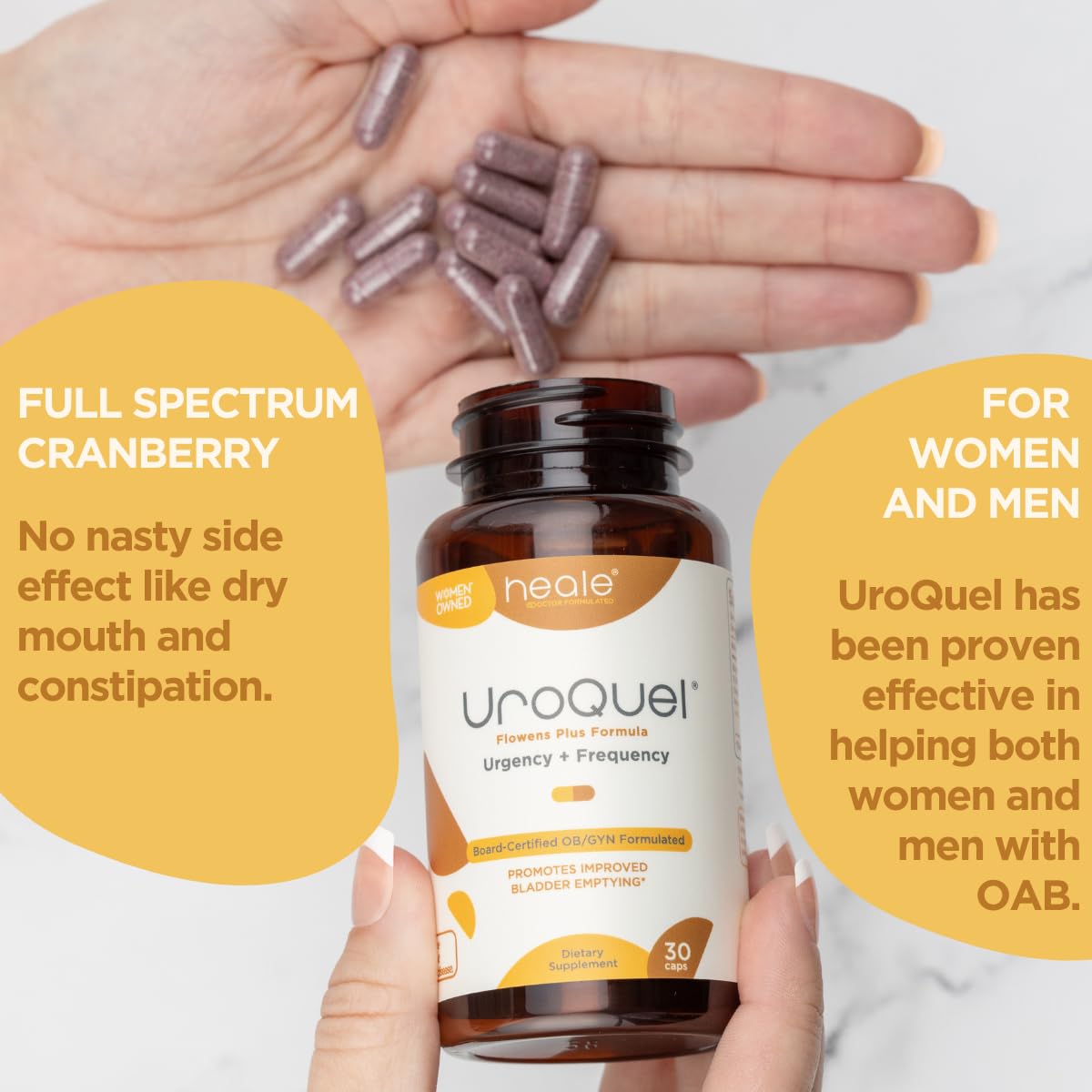 Heale UroQuel etiqueta con ingredientes naturales y beneficios clínicos resumidos