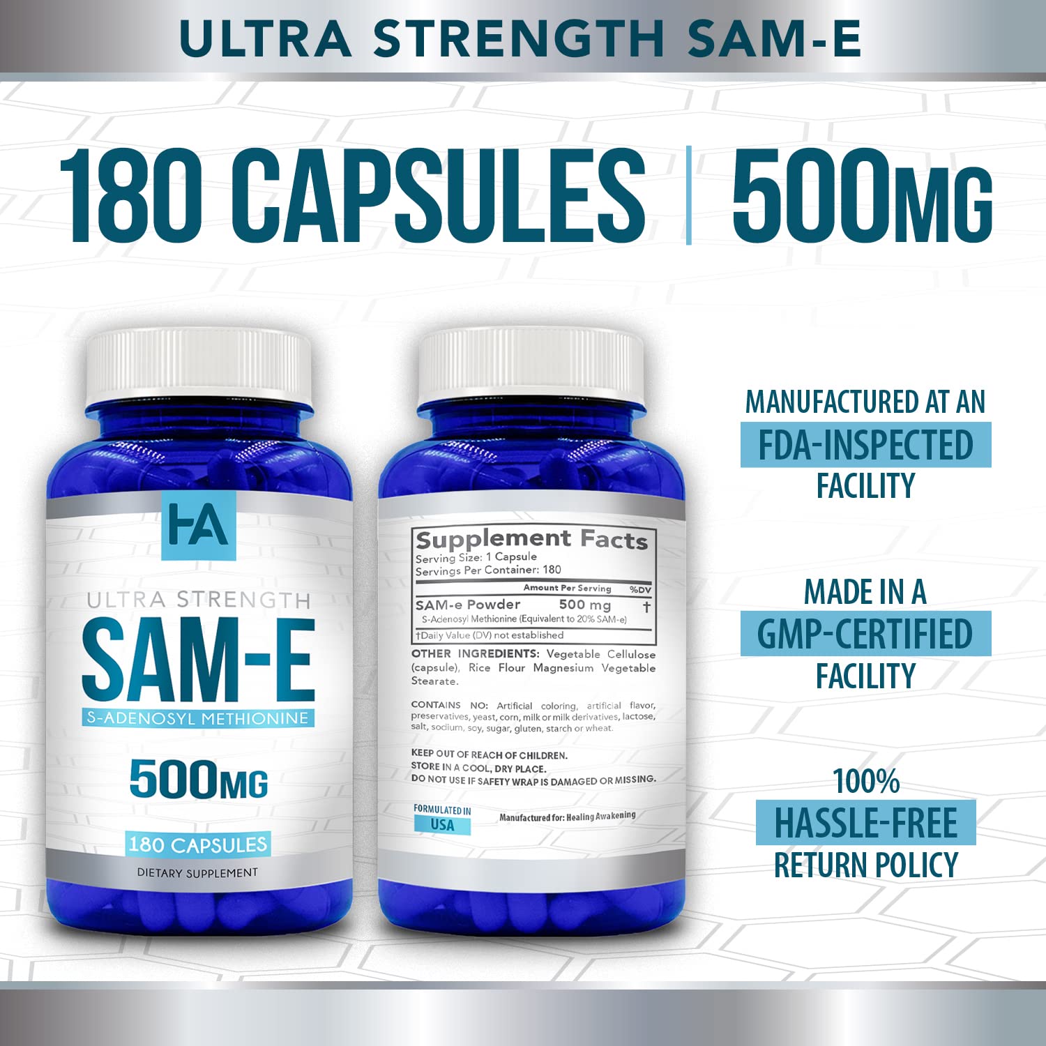 Healing Awakening etiqueta con información nutricional y control de calidad cGMP