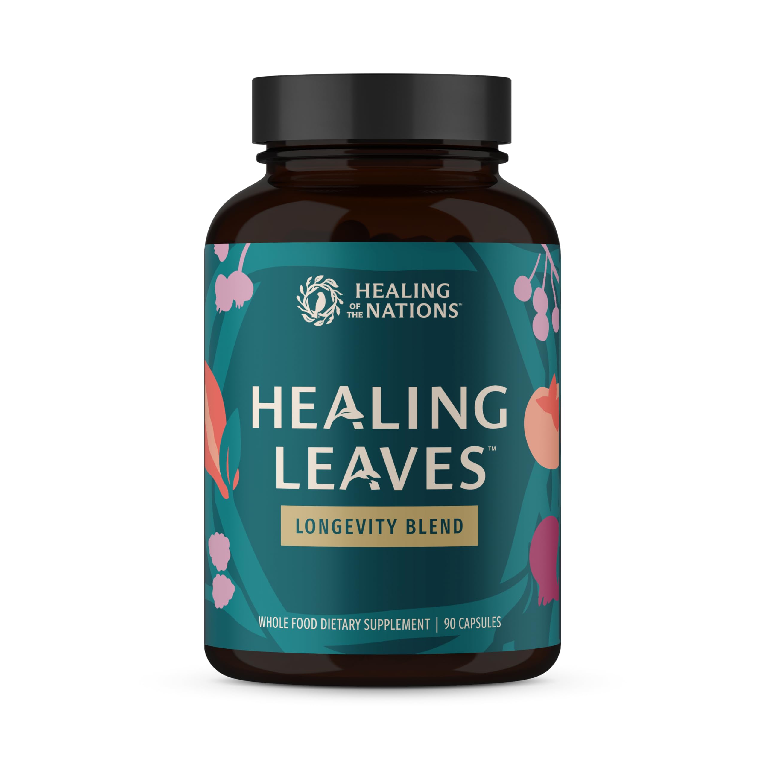 Healing Leaves frasco delantero mostrando 90 cápsulas y beneficio conveniencia