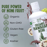 Healing Noni botella abierta junto a vaso, facilita la toma diaria