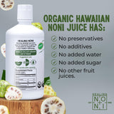 Healing Noni detalle de etiqueta con información de origen hawaiano y calidad