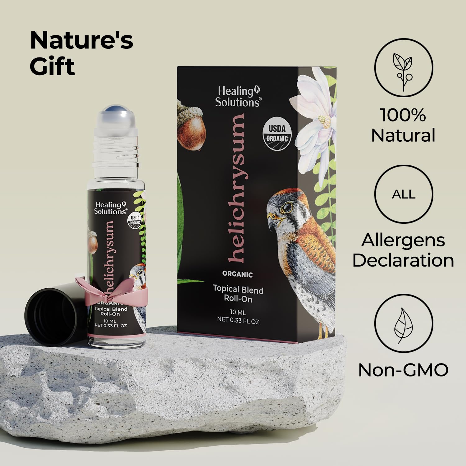 Healing Solutions roll-on en mano aplicándose en muñeca, uso rápido y discreto