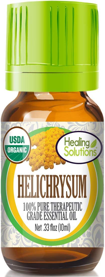 Healing Solutions botella frontal mostrando el aceite y su pureza orgánica