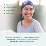 Envase Healios sobre lavabo con ingredientes, beneficio de preparación fácil