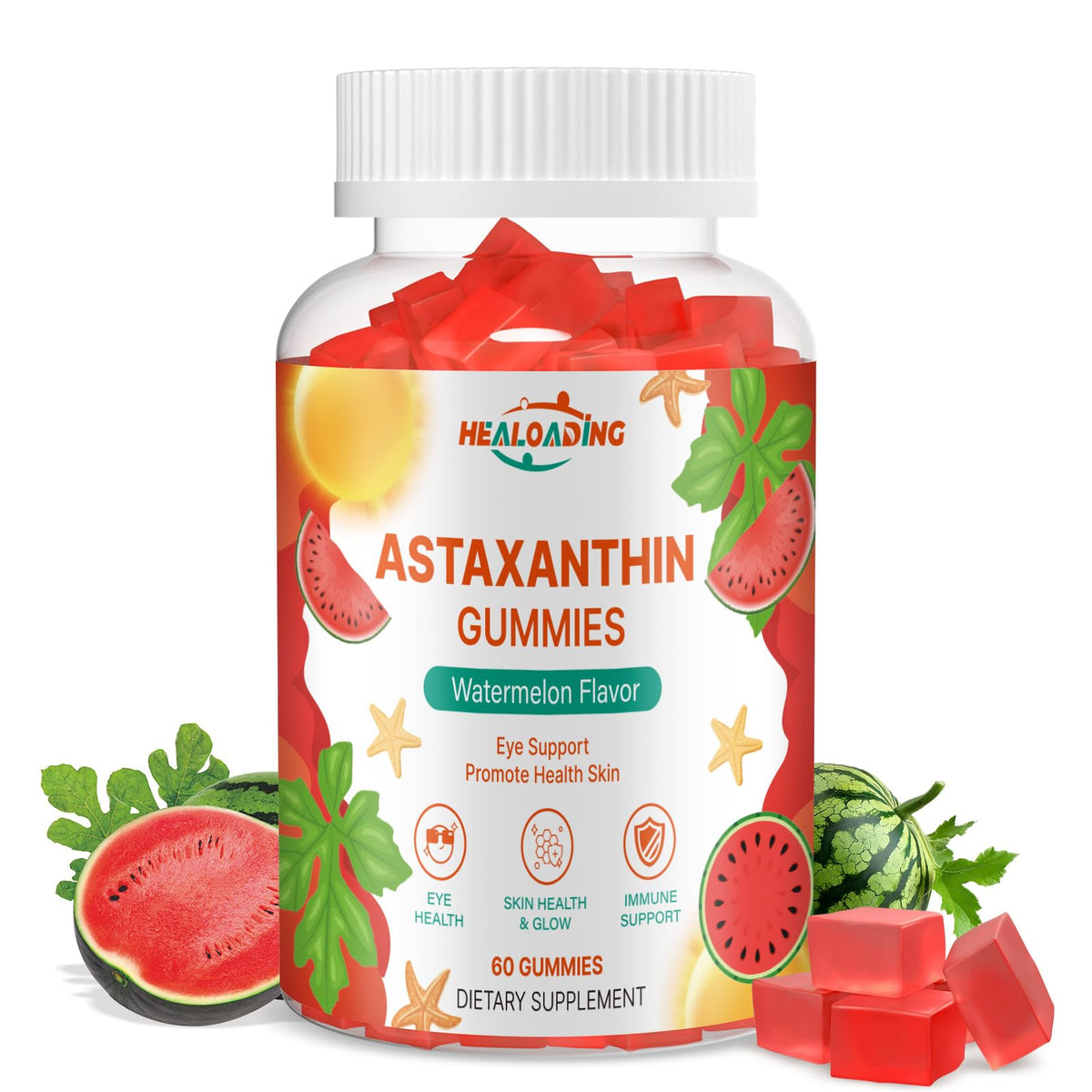 HEALOADING envase frontal mostrando 60 gomitas y beneficios antioxidantes