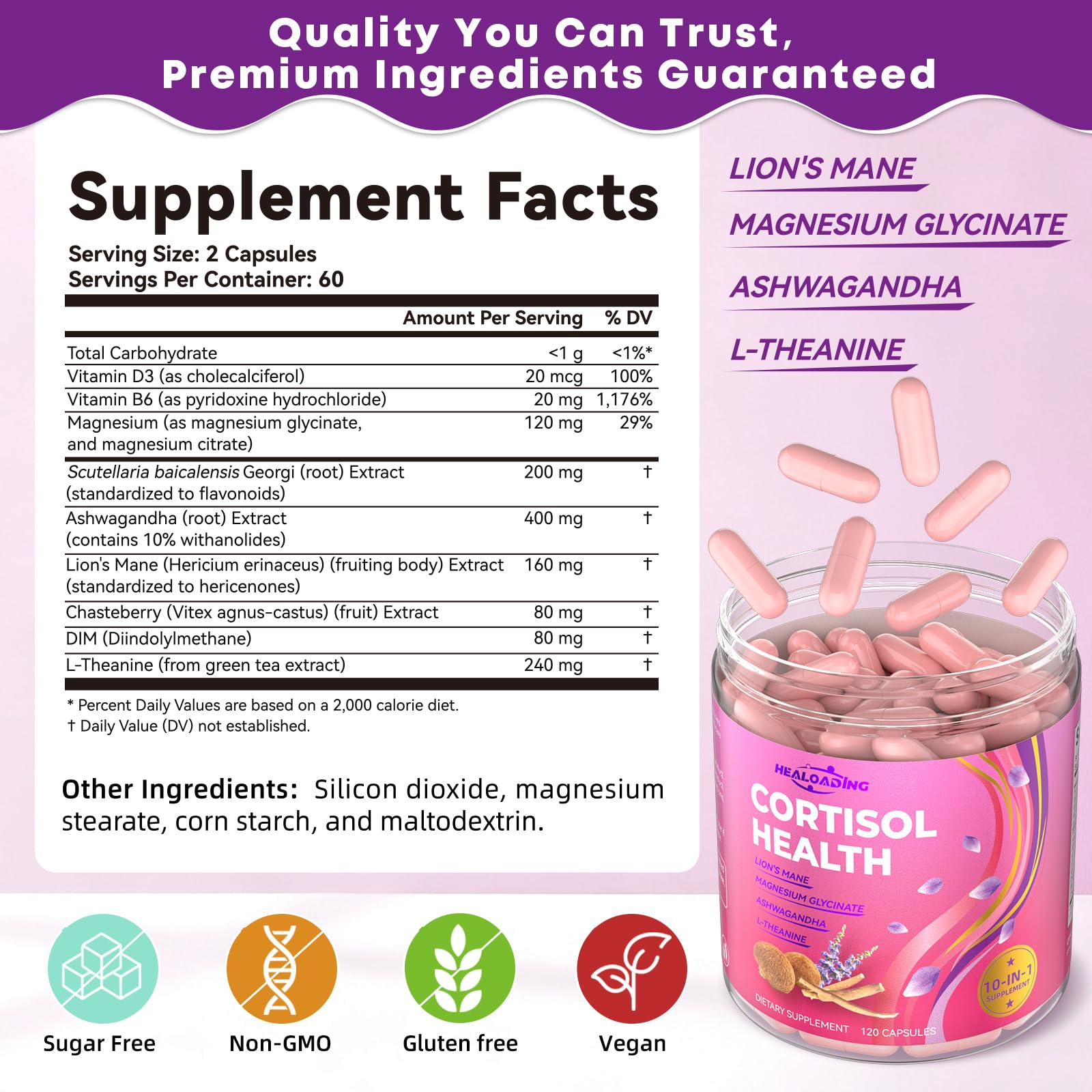 HEALOADING detalle de la etiqueta con ingredientes y certificaciones, beneficio confianza en la calidad
