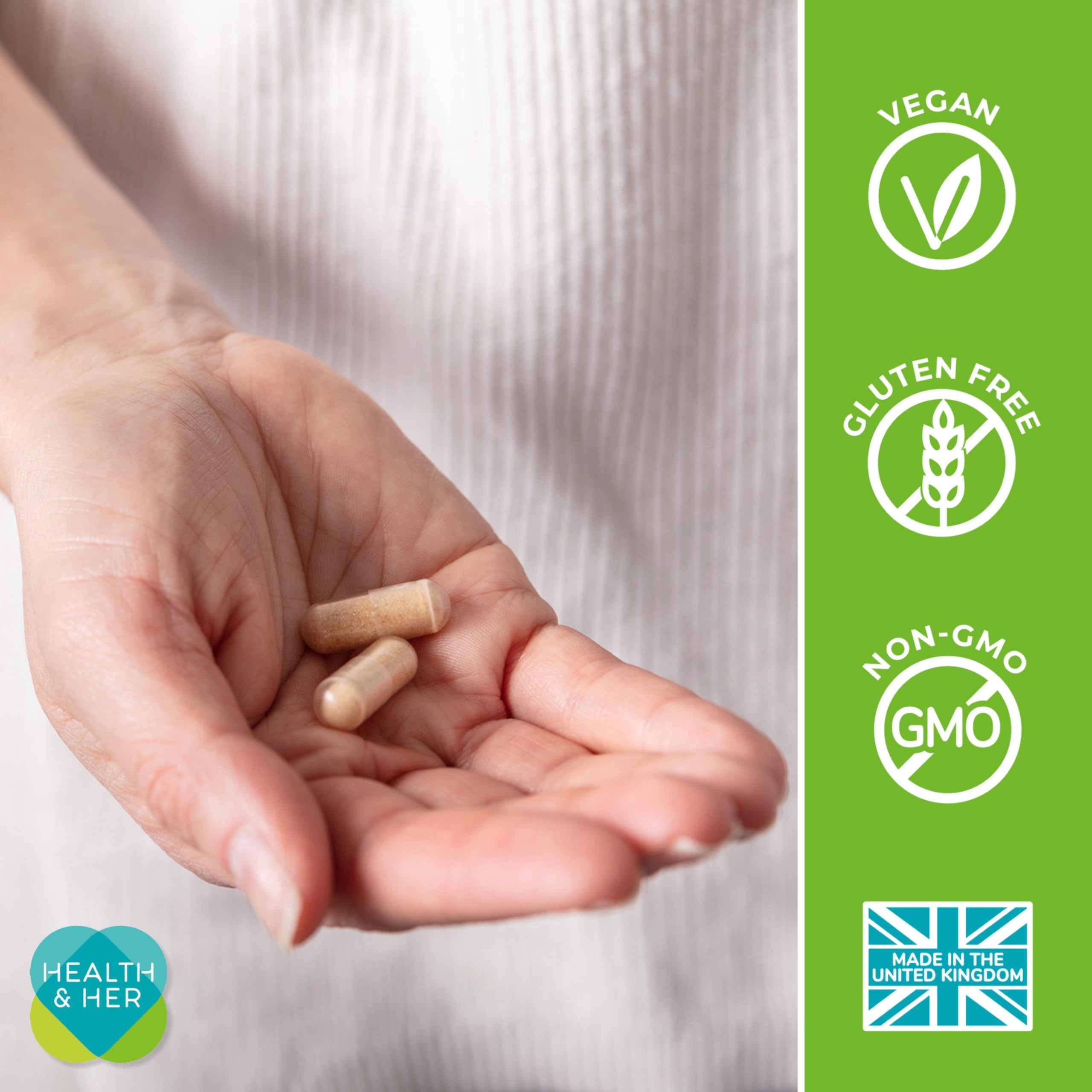 Health & Her cápsula en mano para comparar tamaño y facilidad de uso
